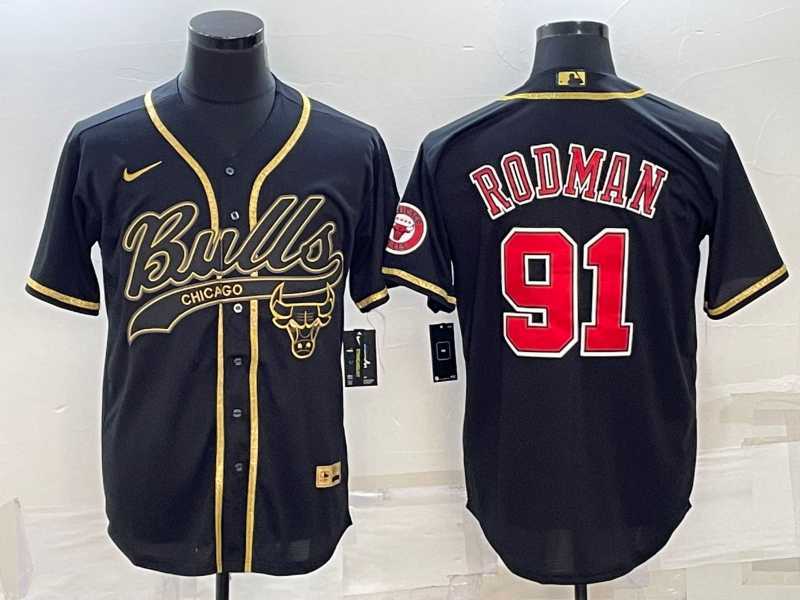 Mens Chicago Bulls #91 Dennis Rodman Black Gold With Patch Cool Base Stitched Baseball Jersey->chicago bulls->NBA Jersey